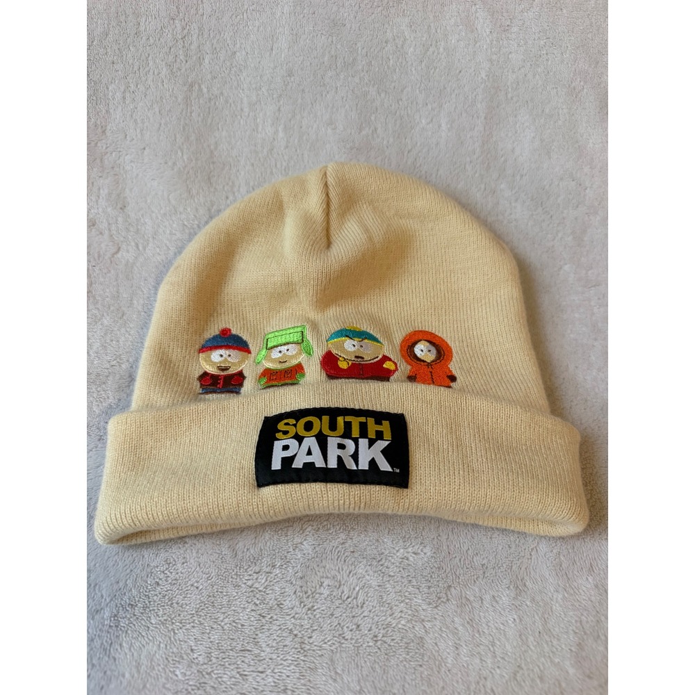 South Park Beanie Hat Unisex OS Cream Excellent Embroidered Logo Graphic Knit